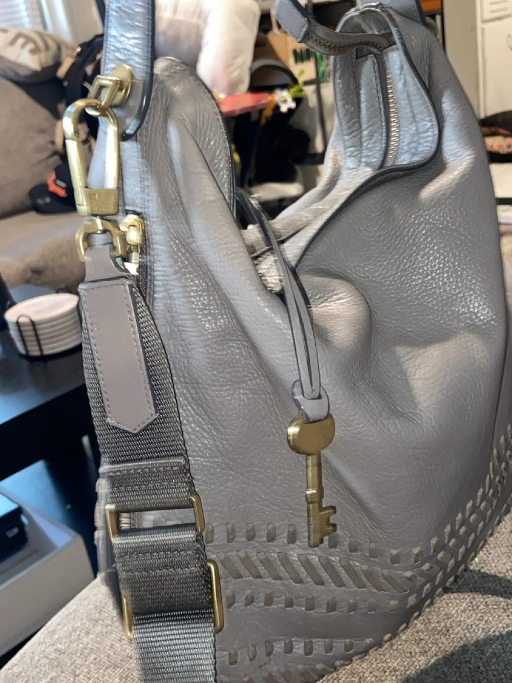 Fossil Light Gray Leather Shoulder Bag